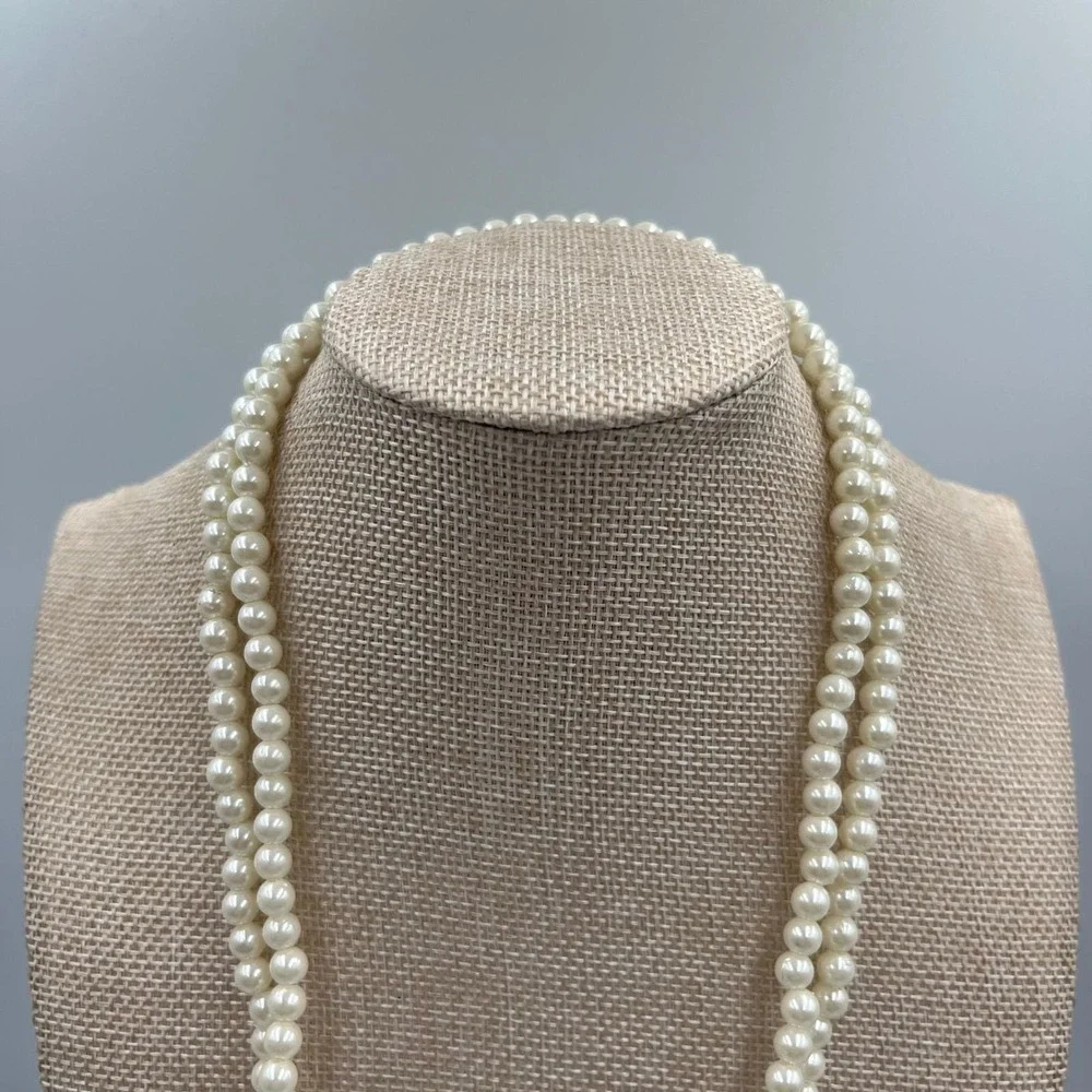 Vintage Long Faux Pearl Double Strand Lariat Necklace White Beaded‎ Tassel Drop